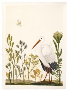 Stork och slända, 98x70 cm, träsnitt/collage