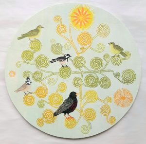 Krumelurer och småfåglar, Ø 48 cm, träsnitt/collage på plywood